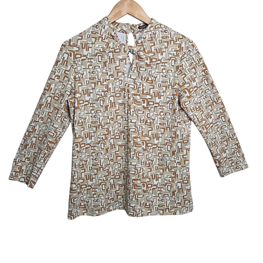 J McLaughlin Brown Ivory Catalina Tunic Top Twist Neck Geometric Print SZ Med‎